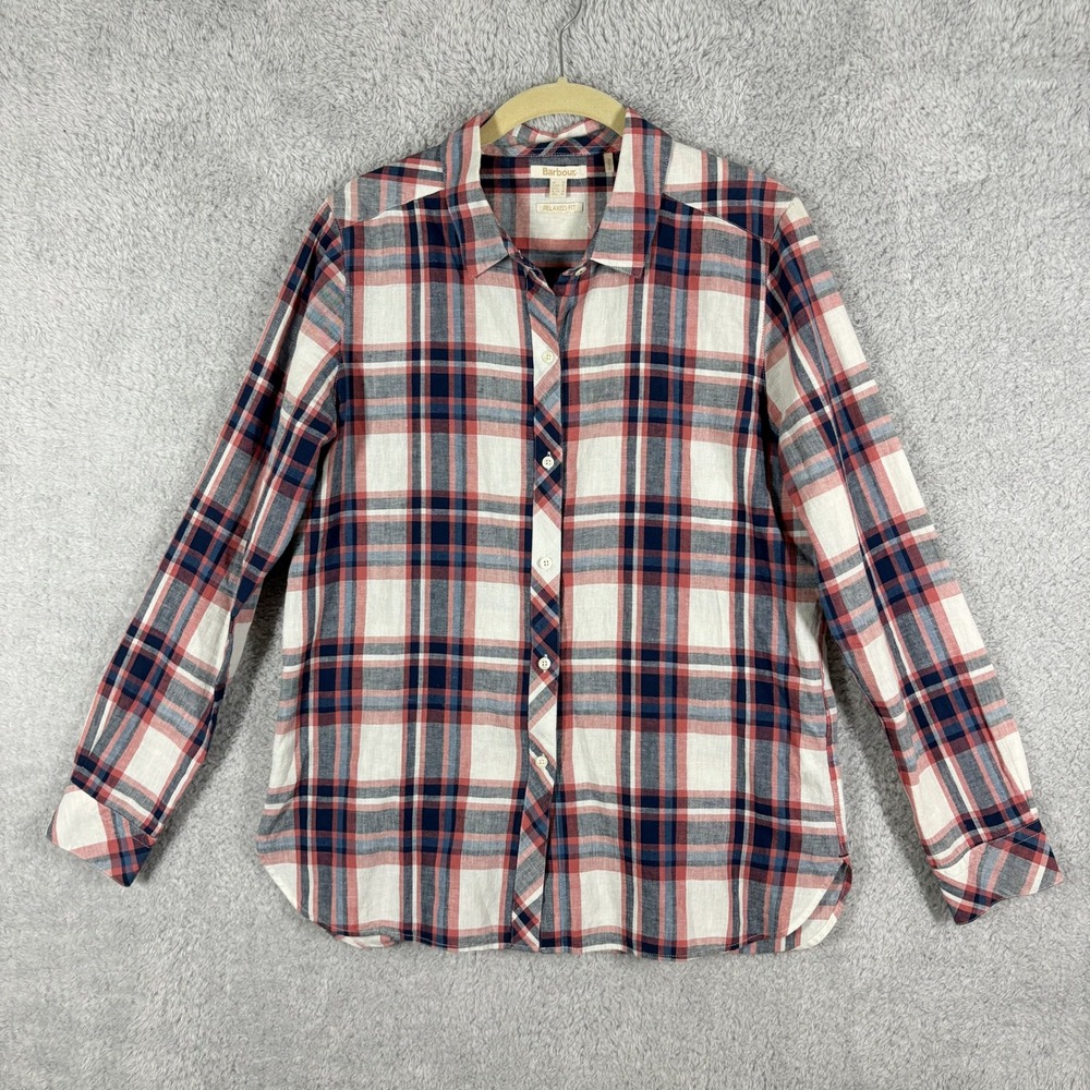 Barbour Seaglow Shirt Womens Size 6 Red Blue Plaid‎ Cotton Linen Relaxed Fit